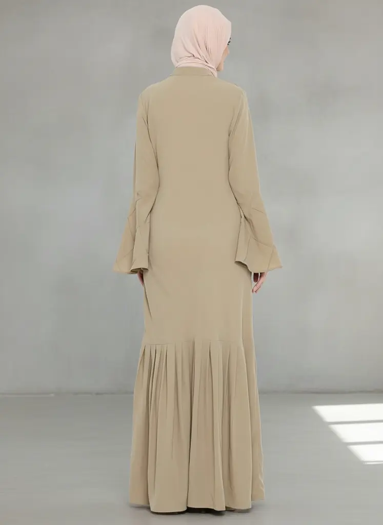 Designer abaya elegant modest wear sustainable fashion timeless beige style