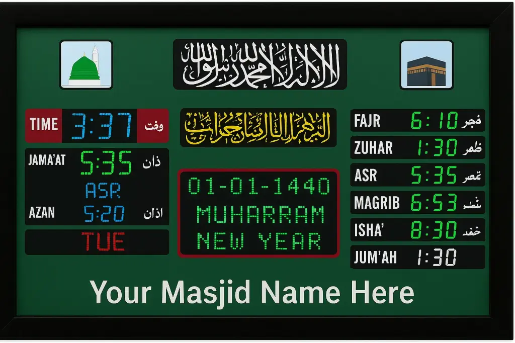 Automatic Digital Azan Clock PC3-I9 – LED Masjid Prayer Time Display