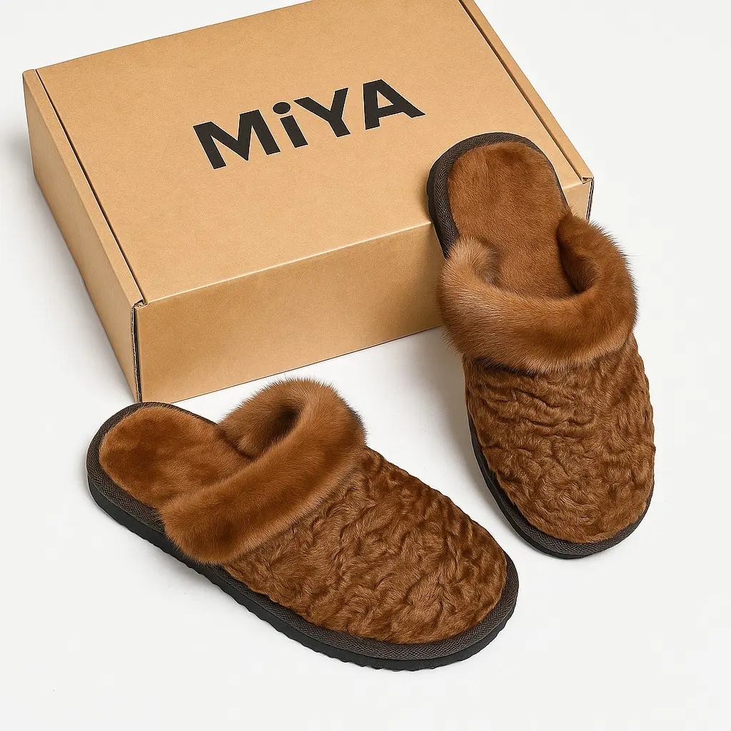 Brown Karakul Fur Slippers with Mink Trim – Handmade Natural Sheepskin & Merino Wool Lined Unisex Slippers | The MiYA Store