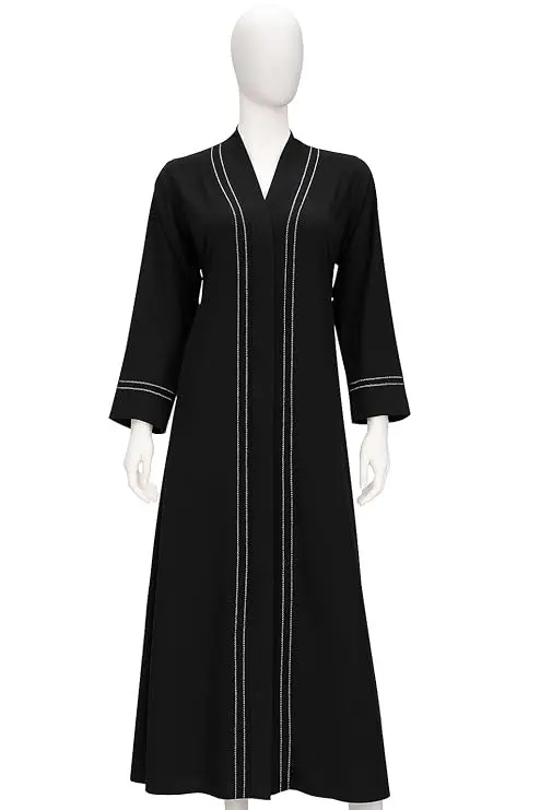 MiYA – Front Open Buttoned Abaya for Women & Girls | Imported Nida Fabric | Black & White Pi-Pin Lace | Elegant Simple Sleeves with Matching Stole | Modest Islamic Wear – Black (50)