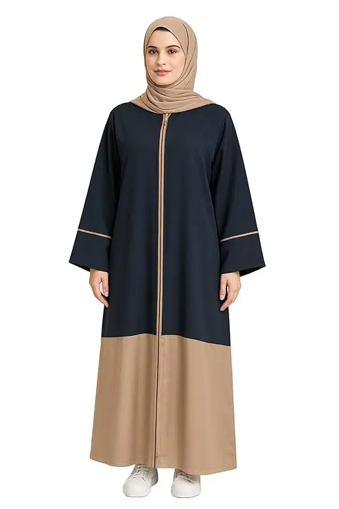 MiYA – Women’s Modest Abaya Dress | Two-Tone Black & Beige Front-Open with Zipper | Lightweight & Breathable Nida Fabric | Free Georgette Stole