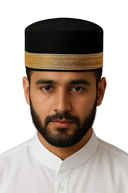 MiYA – Black Velvet Muslim Cap for Men | Golden Border Prayer Cap | Handmade Traditional Sufi & Wedding Khan Cap