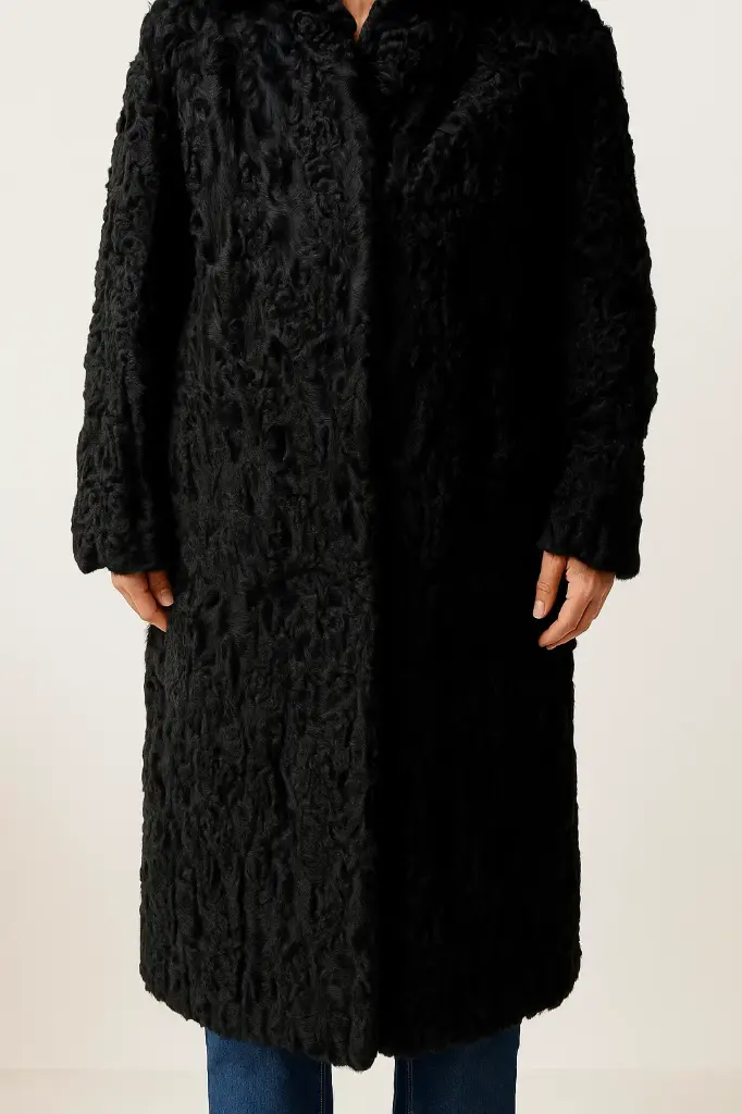MiYA Vintage Black Persian Lamb Fur Overcoat 1960s Karakul Astrakhan Full Length Winter Coat Genuine Swakara Fur Jacket Handmade Double-Breasted Classic Diplomat Style Luxury Winter Outerwear Timeless Heritage Fashion Medium Large Size
