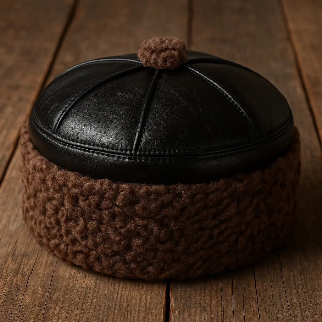 Brown Round Kashmiri Karakul Cap with Pure Leather Top | Six Panel Design | Handmade Wool & Leather Ambassador’s Hat | Traditional Men’s Heritage Winter Topi | Srinagar Crafted Cultural Headwear