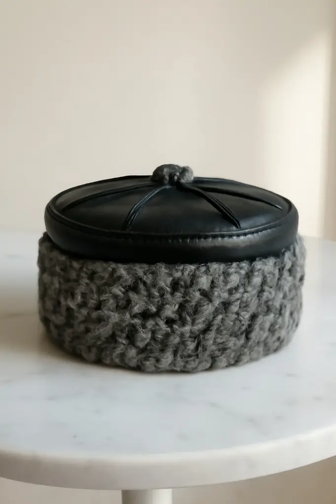 Round Grey Kashmiri Karakul Cap with Pure Leather Six Panel Design | Handmade Wool & Leather Ambassador’s Hat | Srinagar Crafted Traditional Men’s Heritage Winter Topi | Cultural Karakuli Headwear