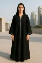 MiYA Front Open Abaya with Buttons – Premium Nida Fabric, Black & White Pi-Pin Lace Detailing, Simple Sleeve Design, Includes Matching Hijab Scarf – Modest Dress for Women & Teenage Girls