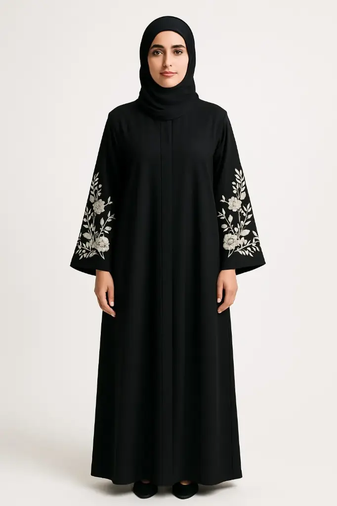 MiYA Stylish Dubai Abaya – Imported Zoom Fabric, Elegant Floral Embroidered Sleeve Design, Premium UAE Tailored Black Modest Dress for Women & Girls – Comfortable Islamic Wear for Eid, Weddings & Daily Use