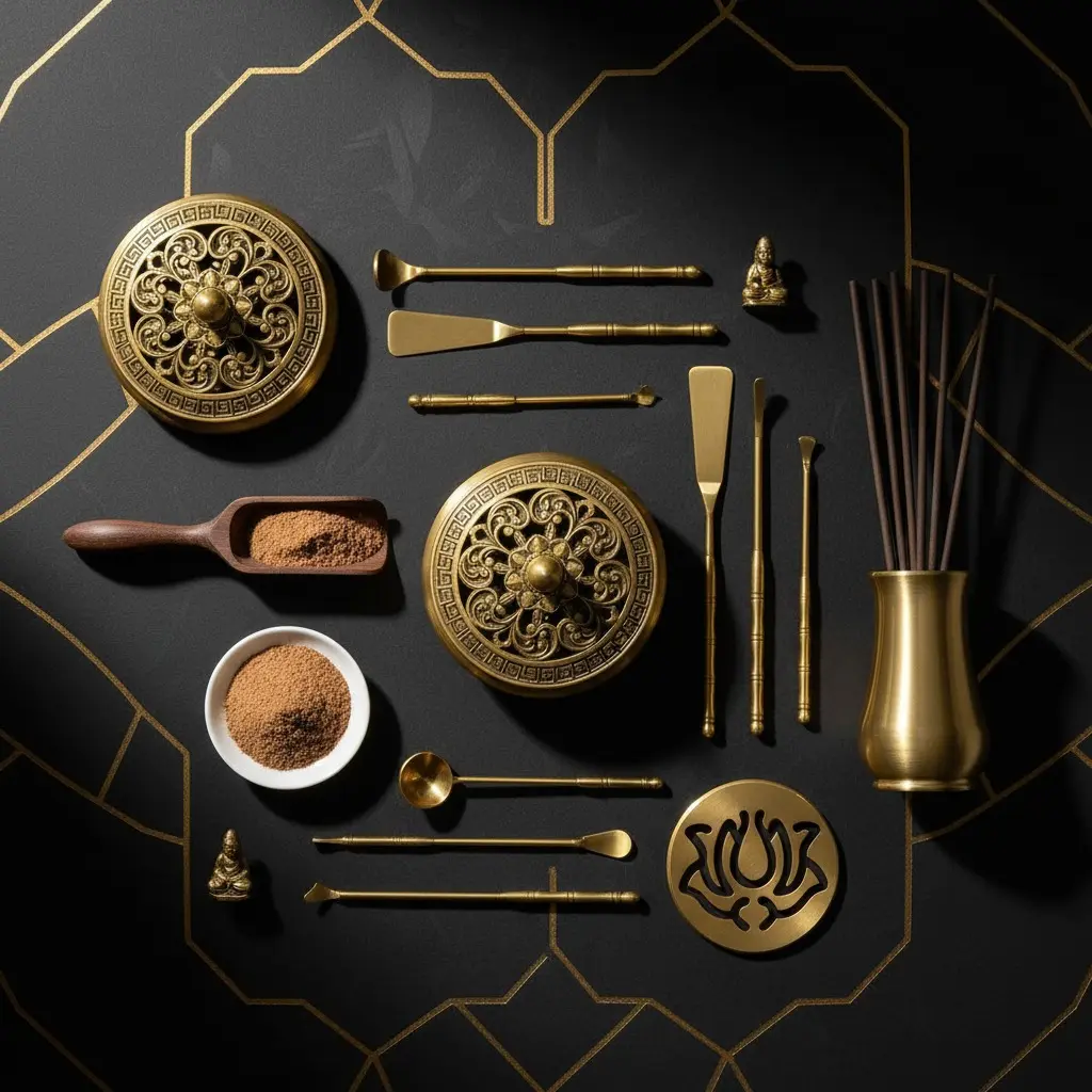 MiYA Agarwood Incense Burner Kit – 12 Pieces Chinese Brass Powder Incense Burner Set with Sandalwood Powder | Traditional Artisan Incense Making
