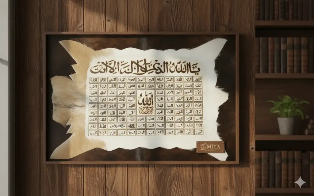 MiYA Skin Tughra – 99 Names of Allah (Asma ul Husna) | Handmade Goat Skin Calligraphy | Islamic Wall Art Decor 10×16