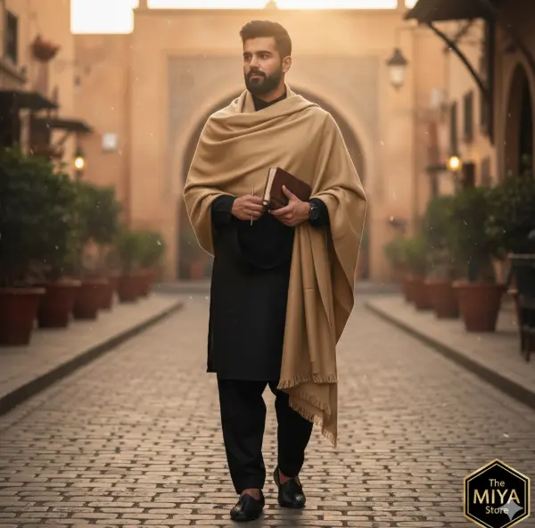 MiYA Pure Woolen Kashmiri Plain Dhussa Shawl for Men – Authentic Handcrafted Winter Wrap | Premium Khaddi Work | Large Luxury Shawl