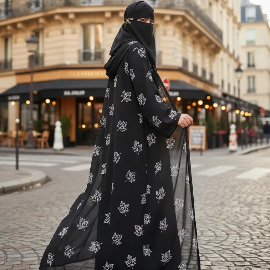 MiYA Noir Elegance – Black Abaya with Cascading Ivory Leaf Embroidery | Haute Couture Islamic Modest Wear | Handcrafted Luxury Gown