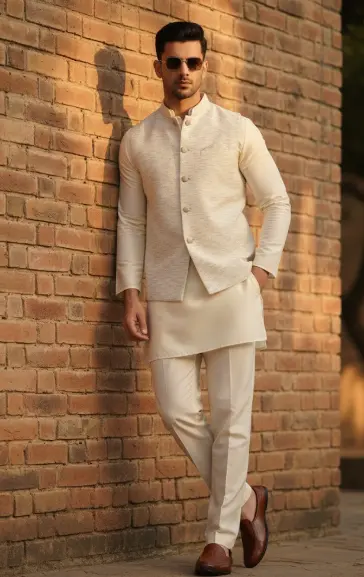 MiYA Pure Grace – White Cotton Blend Embroidered Kurta Jacket Trouser Ensemble (Mandarin Collar | Regular Fit | Handcrafted) 