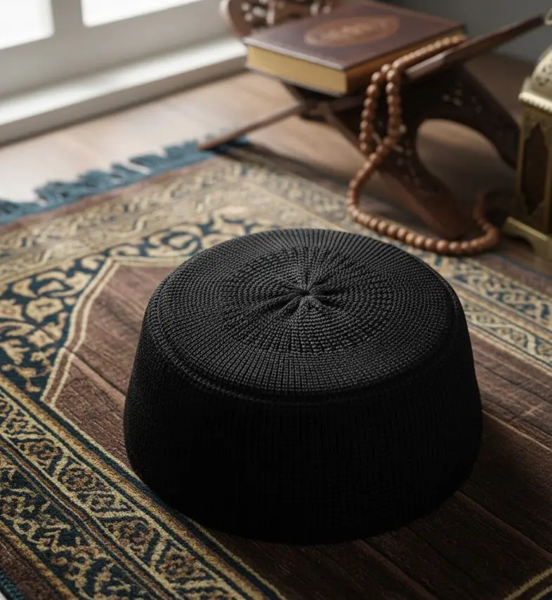 MiYA – ZOAS Muslim Islamic Namaz Topi | Prayer Cap in Shiny Black | Premium Fine Fabric with Stretchable Fit (S/M/L) 