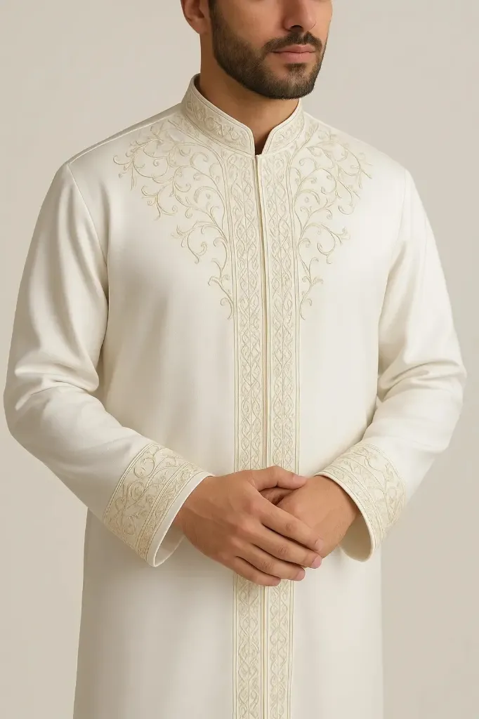 Luxury Prayer Jubba – Embroidered Thobe for Men | Lightweight Elegant Prayer Robe for Special Days | Curated by Aman MiYA