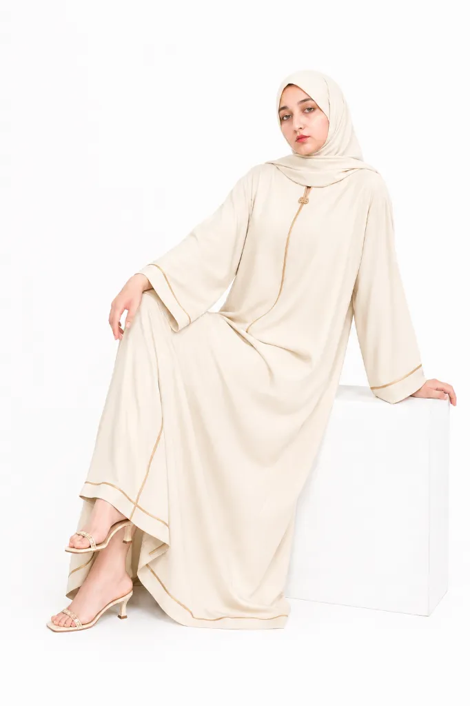 M i Y A ™ – Off White Abaya with Gold Piping | Premium Gulf Style Modest Wear | Elegant Full Length Islamic Abaya for Women (50)