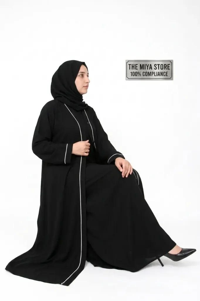 M i Y A ™ – Noor Collection Front Open Abaya | Black & Ivory Contrast Designer Modest Wear | Dubai Inspired Open Front Islamic Dress (50)
