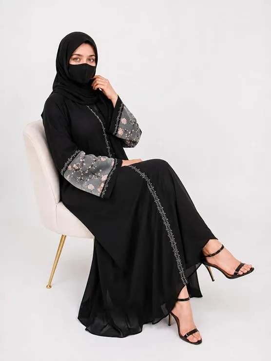 M i Y A ™ – Zahra Collection Embroidered Open Abaya | Luxury Gulf Inspired Black Islamic Dress | Front Open Designer Modest Wear for Women (50)