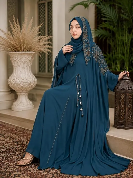 MiYA Iraqi Abaya with Matching Hijab | Dubai Cherry Fabric | Closed Front Modest Wear