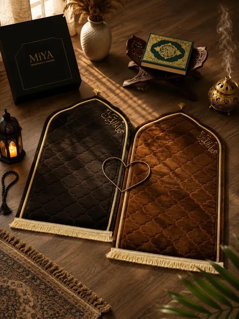 MiYA Personalized Couple Prayer Mat Set | Premium Velvet Janamaz for Husband & Wife | Connecting Heart Islamic Prayer Rug Set of 2
