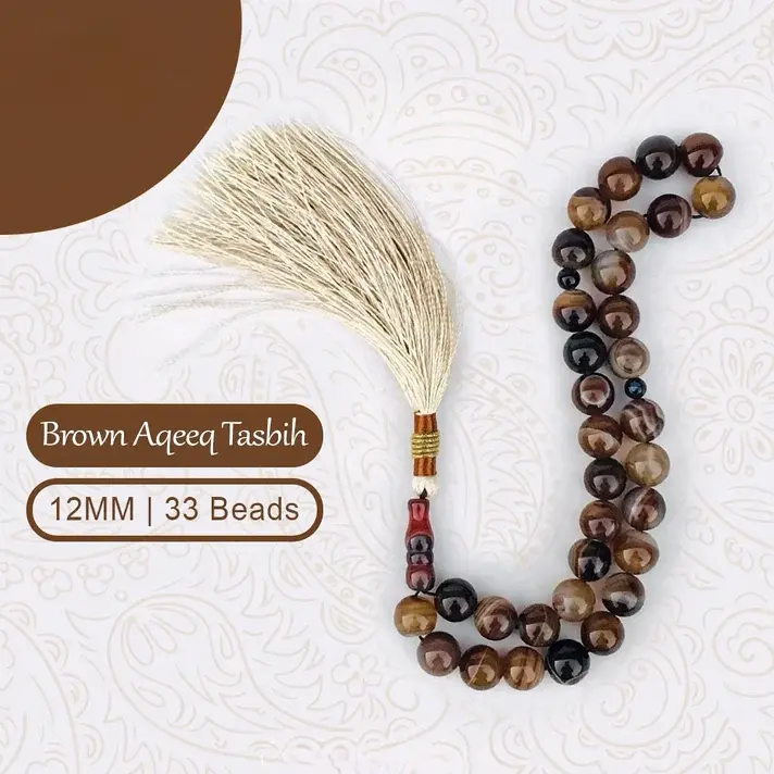 MiYA - Brown Sulemani Hakik Tasbeeh – 33 Beads - Original Haqeeq Stone with Lab Test Card