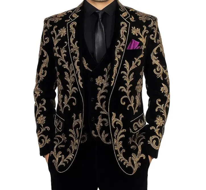 MiYA Hand‑Stitched 3‑Piece Black Suit – Custom Fitted Tuxedo by Bollywood Actor Aman MiYA | Wedding, Party & Business Formal (32, Golden)
