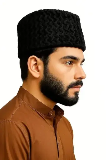 Men’s Faux Karakul Cap (Liaquat Topi) – Zigzag Pattern | Traditional Diplomat Style | Cruelty-Free Synthetic Fur | Black, Brown, White