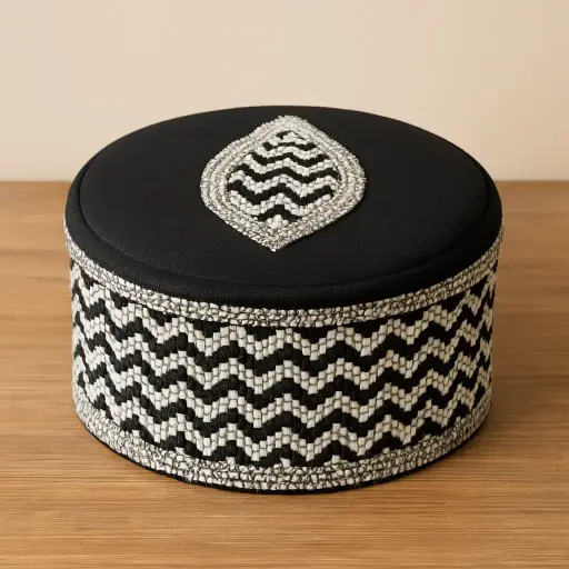 Razvi Barkati Fringed Pattern Topi – Black & White Islamic Prayer Cap Curated by Aman MiYA