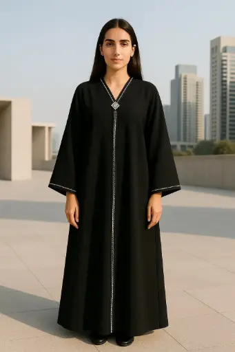 MiYA Front Open Abaya with Buttons – Premium Nida Fabric, Black & White Pi-Pin Lace Detailing, Simple Sleeve Design, Includes Matching Hijab Scarf – Modest Dress for Women & Teenage Girls