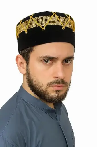 MiYA Shami Cap – Black Velvet with Golden Embroidery | Peer Saqib Edition