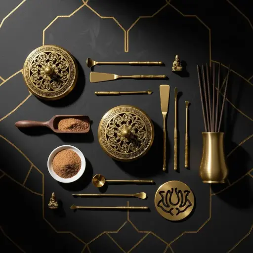 MiYA Agarwood Incense Burner Kit – 12 Pieces Chinese Brass Powder Incense Burner Set with Sandalwood Powder | Traditional Artisan Incense Making